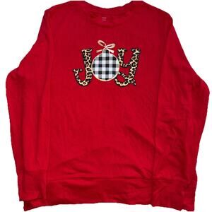Holiday Time Red JOY Christmas Sweatshirt XL Buffalo Plaid Leopard